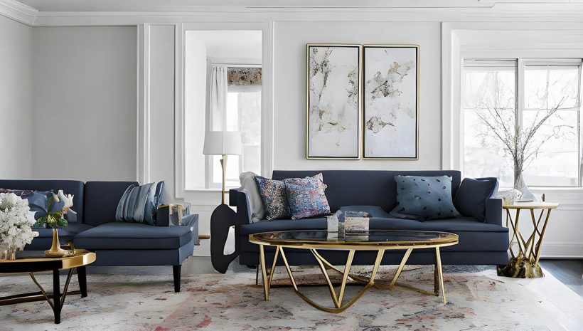 decorating around a navy blue sofa