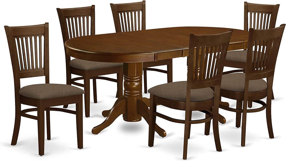 East West Furniture Seven Piece Table with 12” Leaf and 6 Wood Chairs