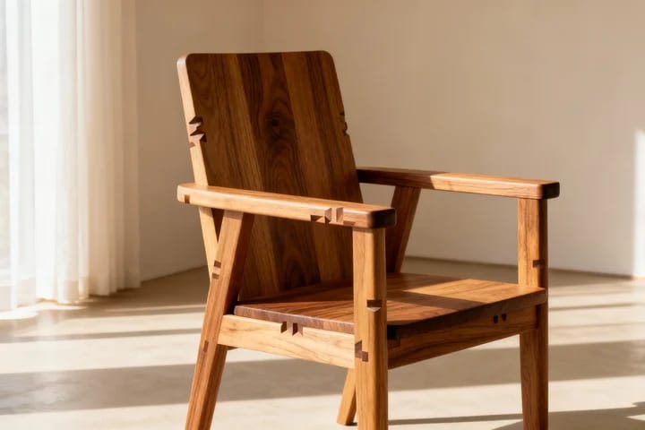 A beautiful chair made of rubberwood, with intricate finger joints visible