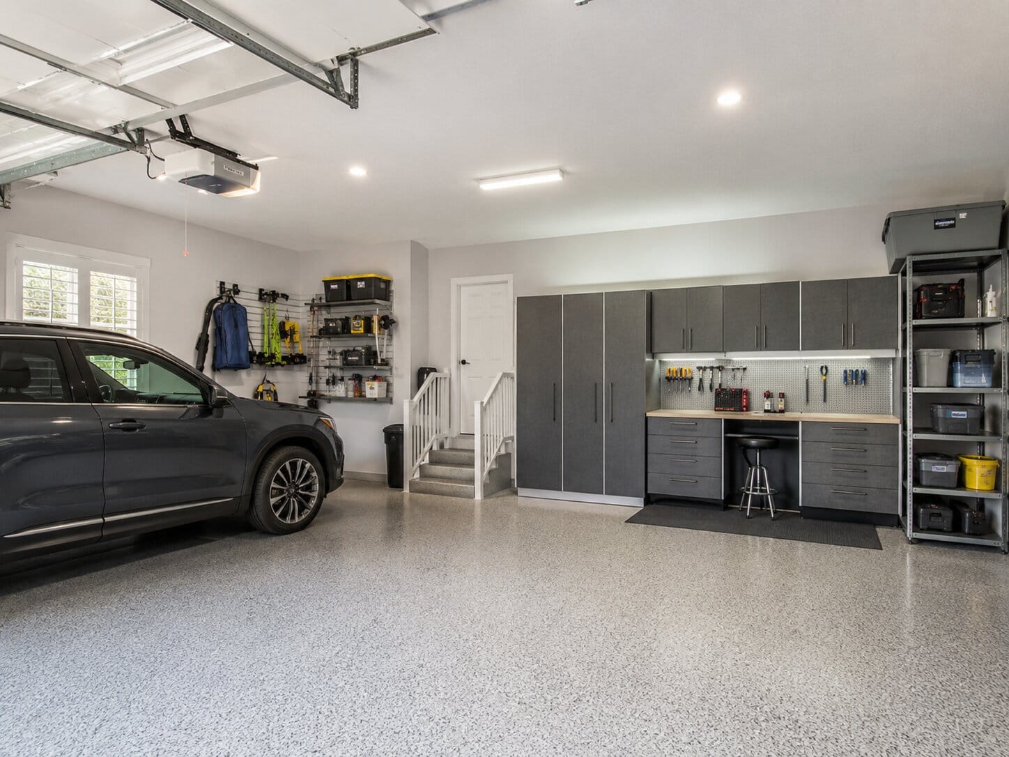 Finished Garage Interior with Storage and Lighting